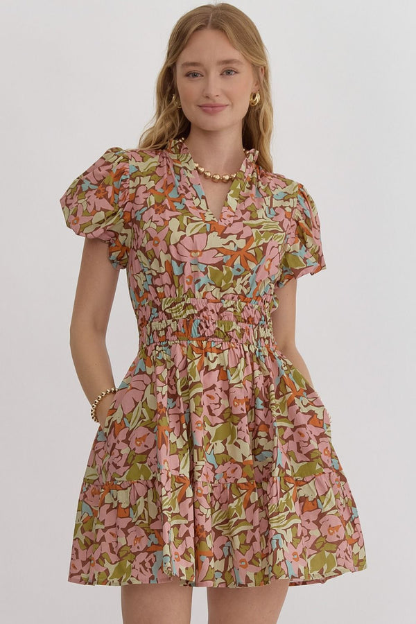 Entro Floral Print v-neck bubble sleeve mini dress