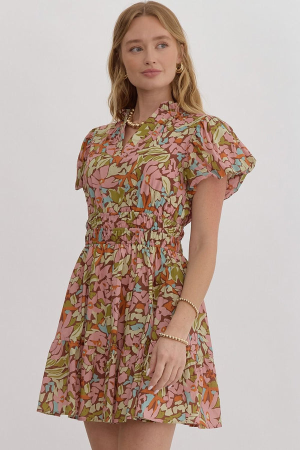 Entro Floral Print v-neck bubble sleeve mini dress