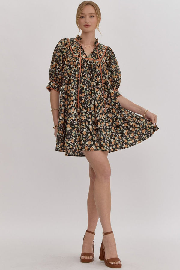 Entro Ditsy Print v-neck half sleeve mini dress