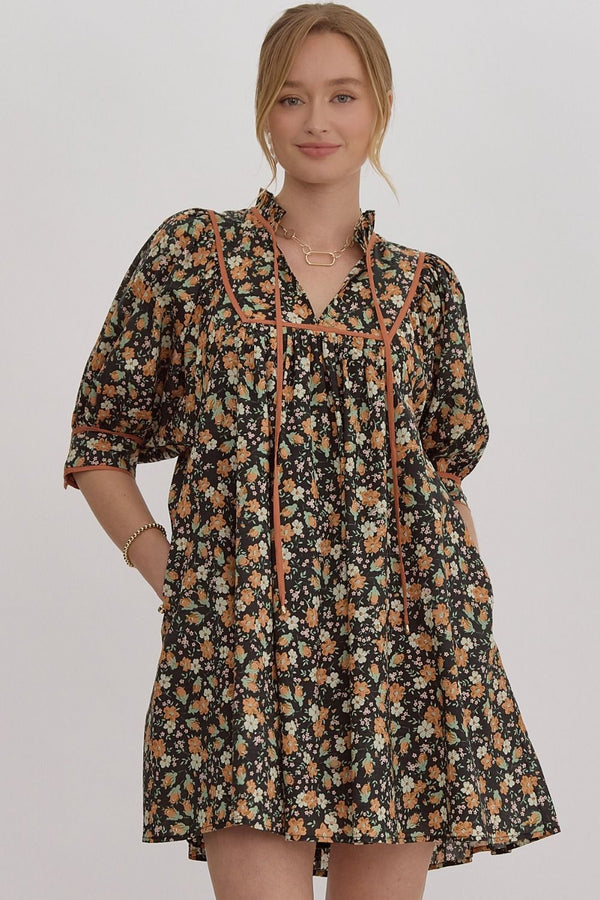 Entro Ditsy Print v-neck half sleeve mini dress