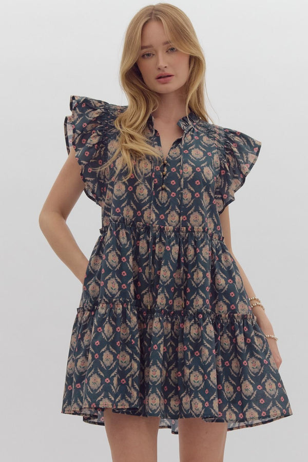 Entro Printed v-neck mini dress featuring pockets at side