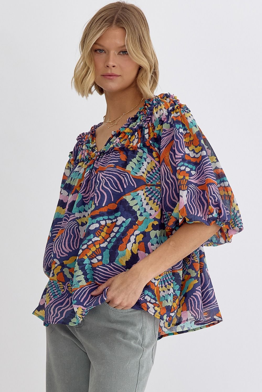 Entro Printed v-neck Half Sleeve top featuring shirring detail at fron