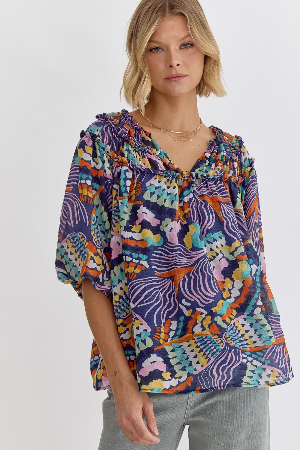 Entro Printed v-neck Half Sleeve top featuring shirring detail at fron