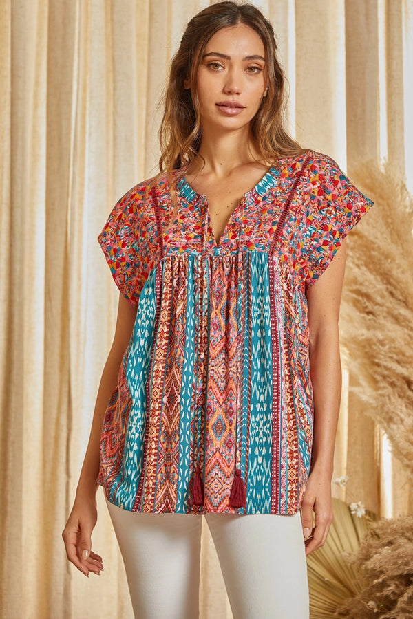 Tassel Detail Print Embroidery Top