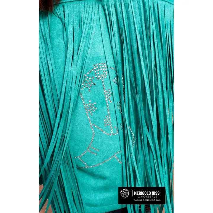 Rhinestone Fringe Turquoise Suede Jacket