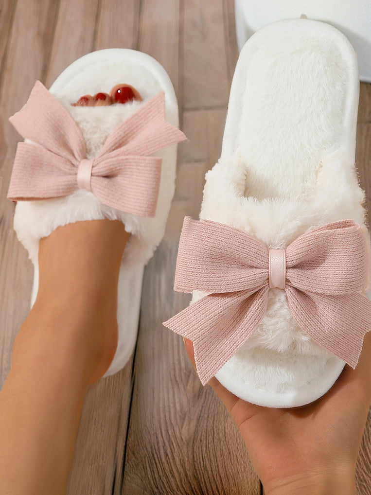 Bow Knot Decor Open Toe Plush Slippers