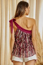 SALE X Sequin One Shoulder Top with shoulder Tie Detail