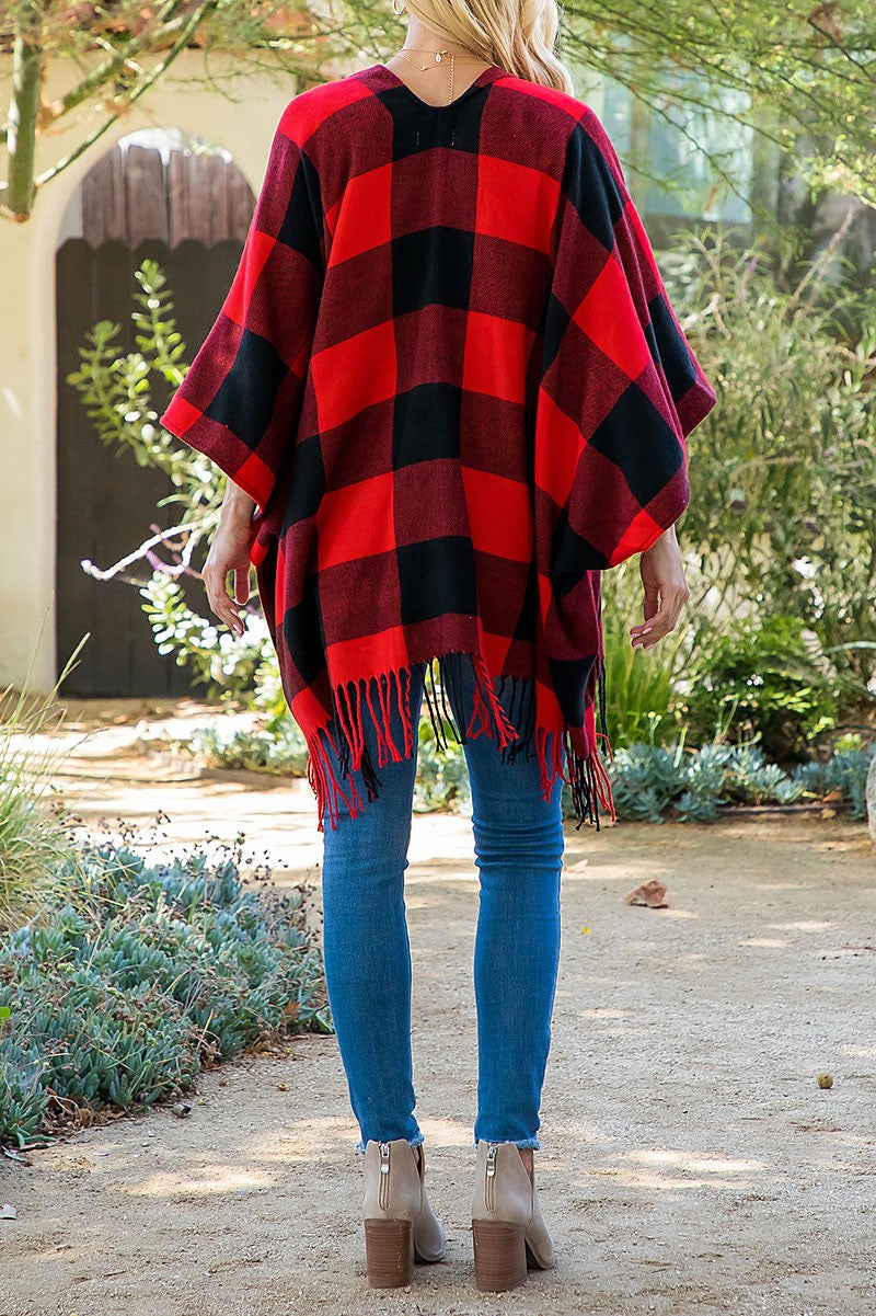 Christmas Plaid Open Front Fringe Kimono