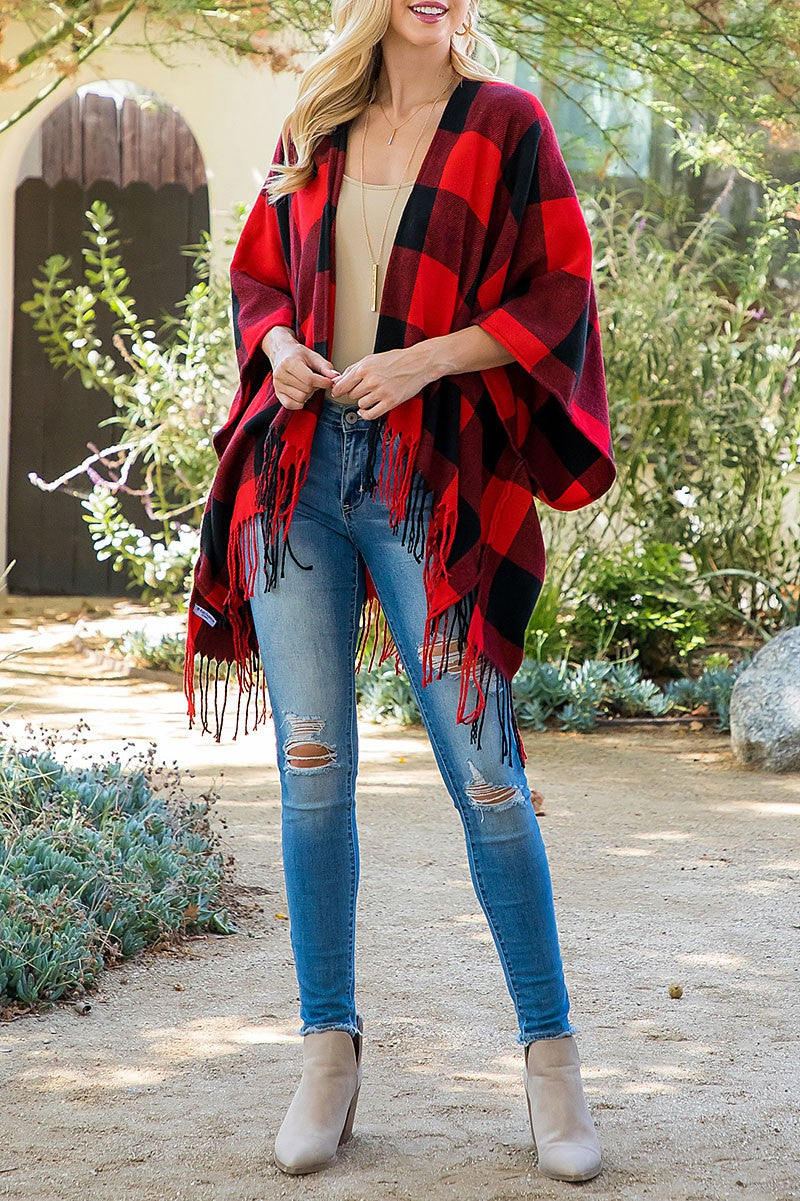 Christmas Plaid Open Front Fringe Kimono