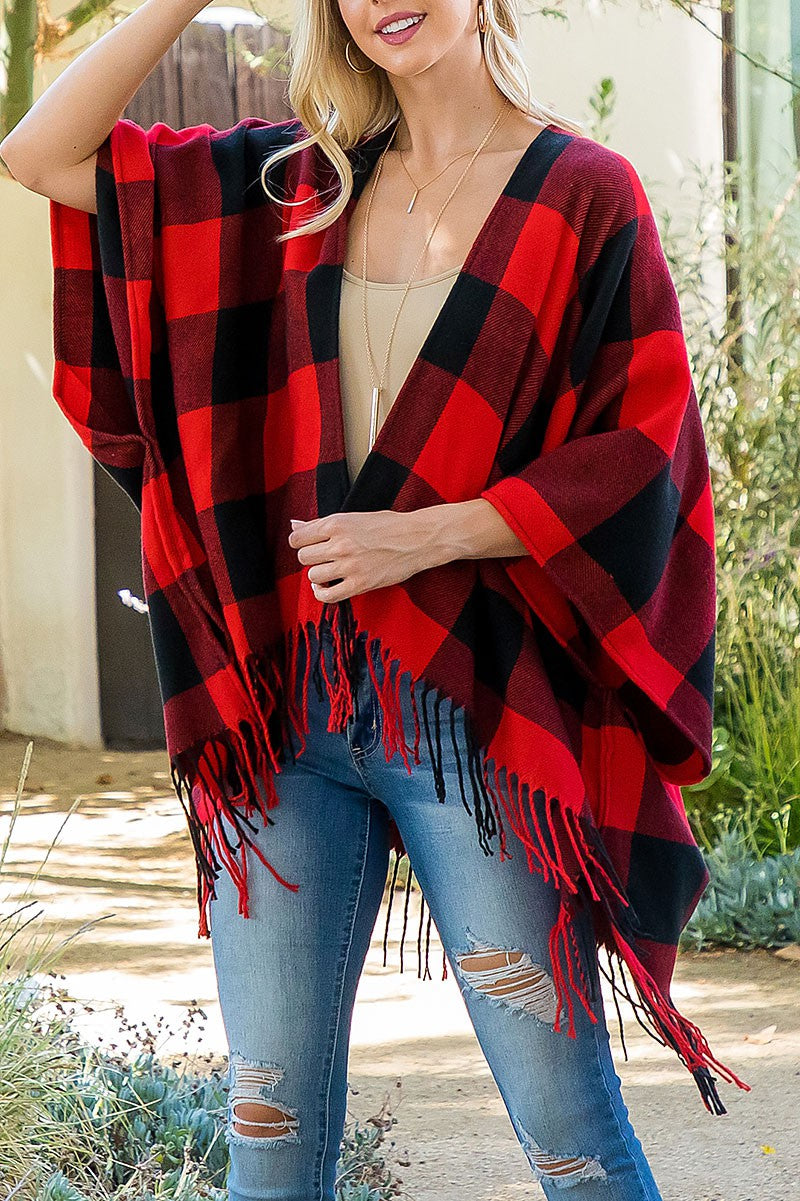 Christmas Plaid Open Front Fringe Kimono