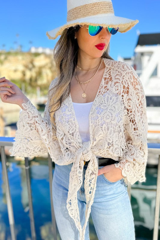 Floral Crochet Knit Bell Sleeve Cardigan Cover Up - 2 Colors