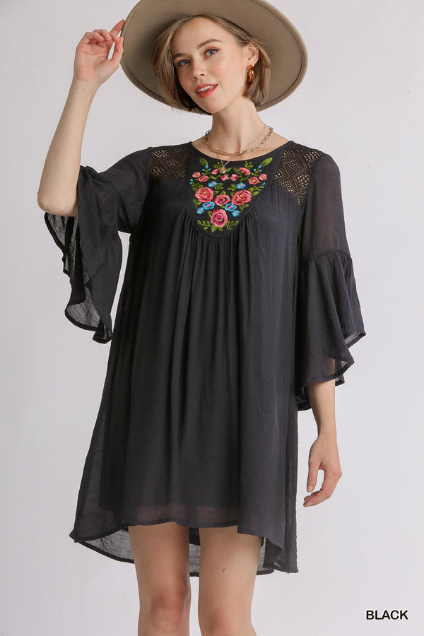 Embroidered Yoke 3/4 Bell Sleeve Dress with Keyhole Back