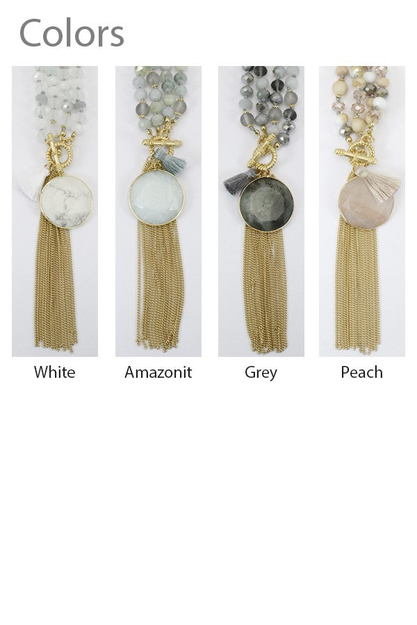 Crystal Beads And Natural Stone Tassel Necklace 39NK461